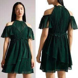 NEW Ted Baker Poppio Rope Detail Mini Dress Ruffle Rope Hunter Green Sz 6 Dainty